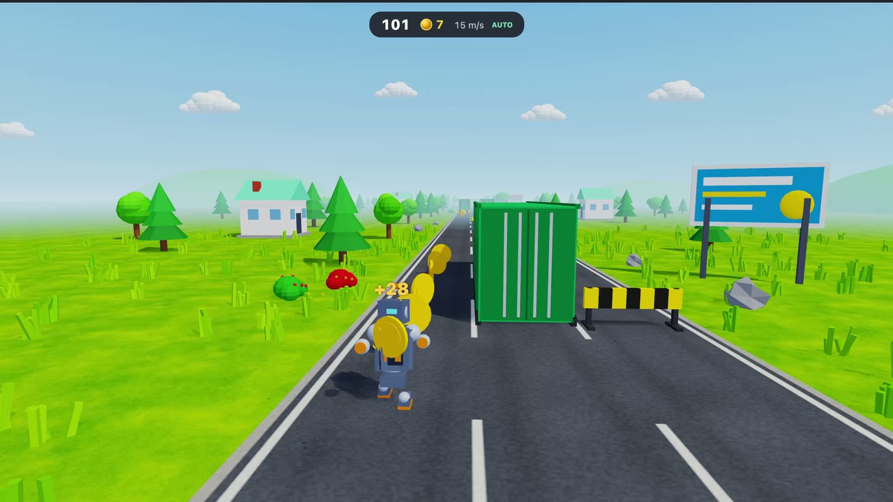 A robot running and jumping hurdles in the runner example, played by its own autopilot